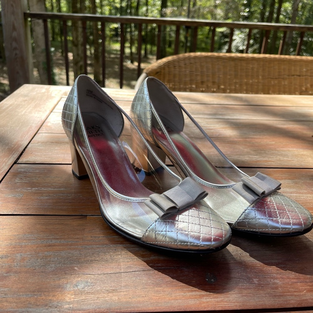 Saks fifth avenue silver/clear with block heels sz 10